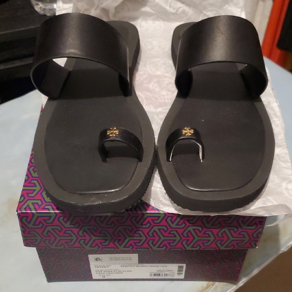 Tory Burch Black Sandals with Gold Accent